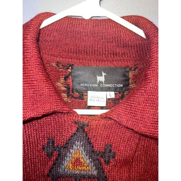 The Peruvian Collection Burgundy Open Front Sweater SZ L Aztec Pattern W Pockets - Picture 3 of 8